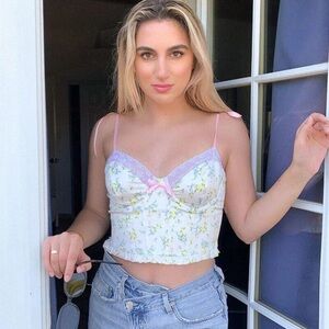 Sexy Floral Ribbon Strap Crop Top Lace Hippie Flower Ruffles Coquette  Cami S